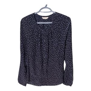 Rebecca Taylor Black Purple White Bird Printed Silk Ruffle Detail Blouse Sz Sm